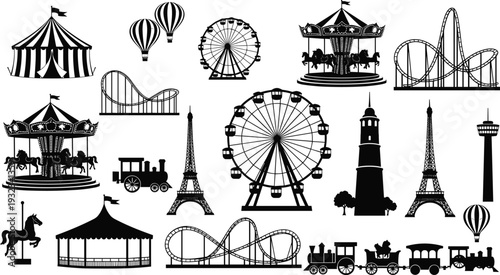Black silhouette collage of amusement park rides, travel landmarks, and circus elements symbolizing leisure, entertainment, exploration, and adventure