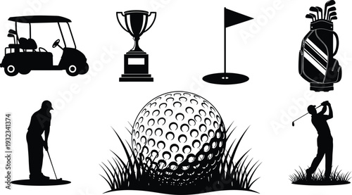 Black silhouette golf icons including cart, trophy, flag, bag, ball, and players symbolizing sport, competition, leisure, and achievement