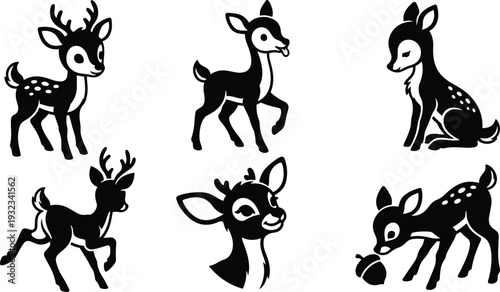 Minimalist black silhouette vector art six playful cute flat fawn poses standing running jumping sitting sniffing acorn head portrait three quarter view isolated on white background