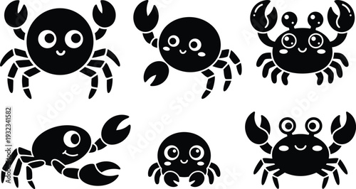 Flat design black crab icons set showing six cute smiling crabs with raised claws various angles top view side view playful round eyes simple vector artwork