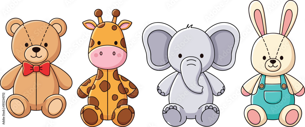 Obraz premium Cute Cartoon Animal Characters Set Featuring Teddy Bear Giraffe Elephant and Rabbit Vector Illustration for Baby Shower Nursery and Kids Design