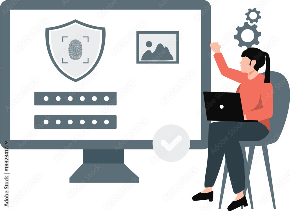 Fototapeta premium The girl is pointing protection shield and password