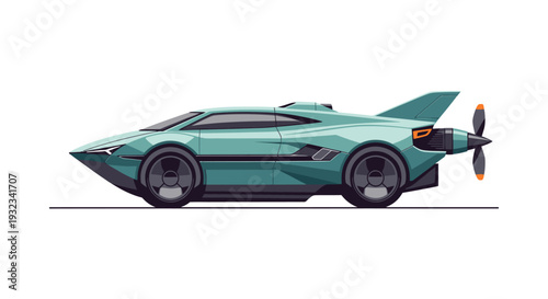 Teal sports car with a propeller on the back against a clean white background.
