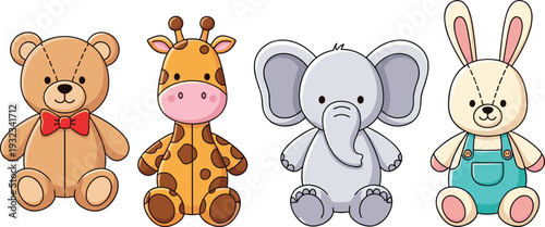 Cute Cartoon Animal Characters Set Featuring Teddy Bear Giraffe Elephant and Rabbit Vector Illustration for Baby Shower Nursery and Kids Design
