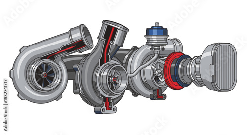 Detailed illustration of a turbocharger with red and blue accents on a white background.