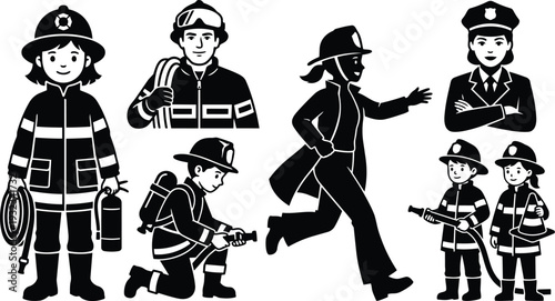 Black and white vector firefighter silhouettes showing various poses equipment and female officer portrait running and kneeling in rescue action flat design with hose extinguisher helmet