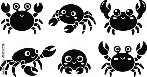 Cute minimalist vector crab icons set showing six smiling crabs with raised claws different angles close up flat design black silhouette simple playful beach theme scalable