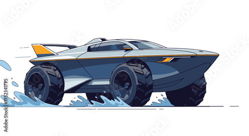 Futuristic amphibious vehicle with large tires and orange accents splashing through water on a white background.