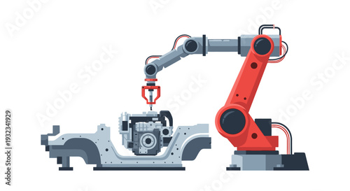 Industrial robotic arm assembling mechanical parts with a suction cup on a white background with a focus on automation technology.