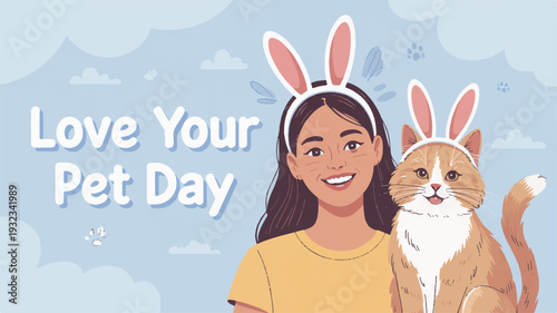Woman and cat wearing bunny ears love your pet day smiling girl with pet easter bunny headbands cute animals friendship