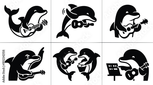 Playful vector art close up three dolphins playing ukulele and guitar in various poses with sheet music and smiling expressions whimsical musical scene minimal isolated illustration