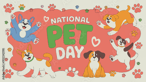 National pet day celebration with happy dogs and paw prints on colorful background