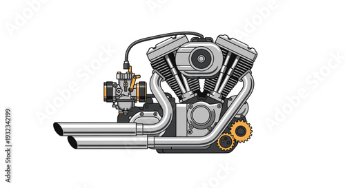 Detailed illustration of a car engine with highlighted turbocharger and exhaust system components on a white background.