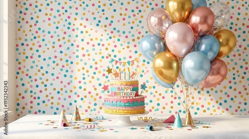 Birthday cake balloons party table with polka dot background