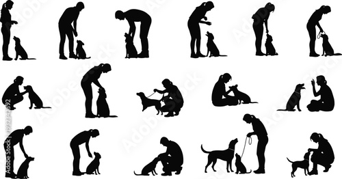 Silhouette collection of human and dog interactions showing training, playing, feeding, companionship, obedience, and care in various poses for pet lifestyle and animal themes
