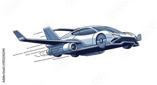 A sleek, futuristic sports car with wing-like design elements speeding to the right on a white background with motion lines, depicted in shades of blue and gray.