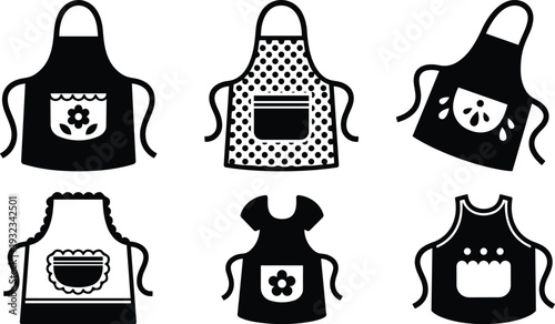 Flat design close up set of six kitchen aprons front view floral pocket patterns polka dot scalloped edges hanging straps vector kitchen textile icons black silhouette