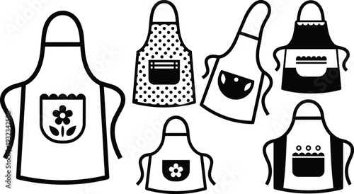 Minimalist vector apron set flat design assorted kitchen aprons front pocket floral polka dot smiling face close up laid out top view black white bold outline