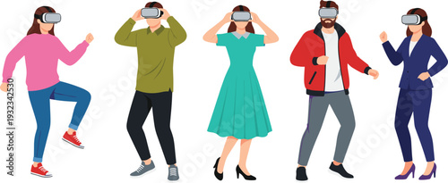 Diverse group of people wearing VR headsets experiencing immersive digital entertainment augmented reality simulation isolated flat vector illustration for metaverse.