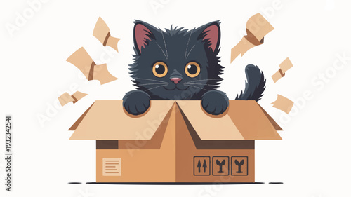 Curious black cat peeking out of a cardboard box with scattered packing paper pieces around playful and adorable expression