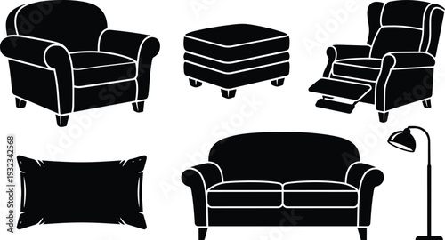 Minimalist vector art three quarter view living room furniture set showing sofa armchair recliner ottoman pillow and floor lamp in bold silhouette isolated icons set simple