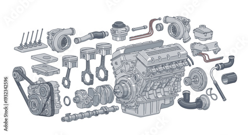 Detailed illustration of assorted car engine parts and tools arranged on a clean white background with a technical and mechanical mood.