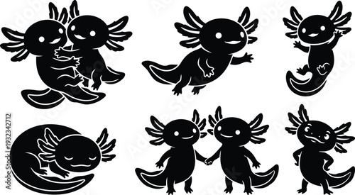 Minimalist icon sheet six black axolotl silhouettes in playful poses holding hands sleeping waving smiling close up side view swimming curled tail flat design vector isolated