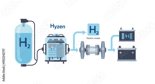 Diagram of a hydrogen fuel cell system with labeled components and connections on a clean white background.
