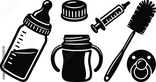 Stencil vector art high contrast baby bottle sippy cup pacifier feeding syringe brush top view isolated icons black silhouette set two handles measurement markings tilted nipple