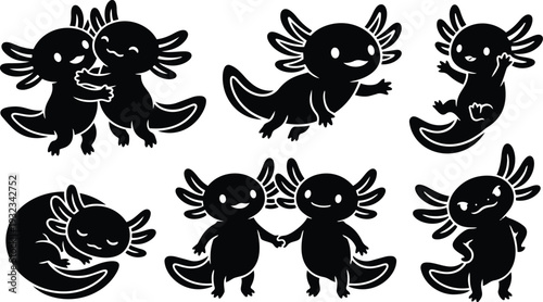 Playful vector art axolotl characters in six poses hugging sleeping waving holding hands smiling and jumping with simple silhouette style for children friendly black and white