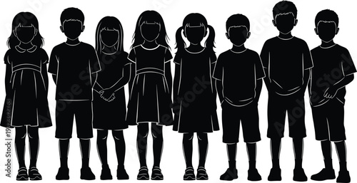 Silhouette illustration of children standing together in a row, representing childhood, diversity, education, friendship, teamwork, and group activities for school and community themes