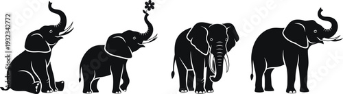 Silhouette illustration of elephants in different poses and growth stages, from baby to adult with tusks, symbolizing wildlife, nature, family, and animal life cycle themes