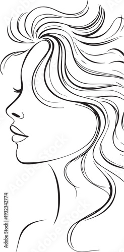 Graceful woman's profile in a stylish monochrome line art illustration, depicting natural beauty and flowing wavy hair