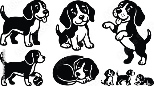 Vector art close up and full body beagle puppy set in playful sitting standing sleeping and pawing poses black and white silhouette stickers front facing smiling