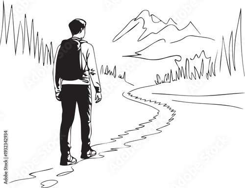 Winding path to personal growth A determined traveler's journey through nature, discovering new horizons