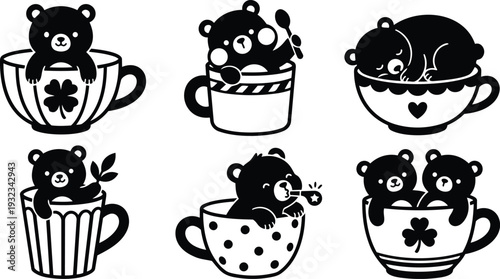 Vector art six cute teddy bears in teacups various poses including sleeping cuddling holding spoon party blower peeking over rim polka dot and clover silhouette