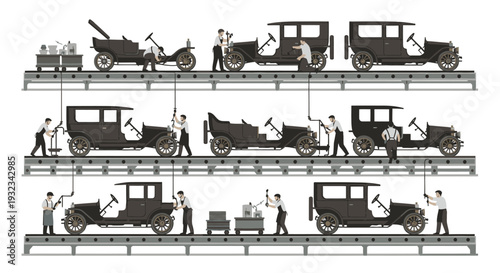 Illustration of a vintage car assembly line with workers in various stages of production on a white background.