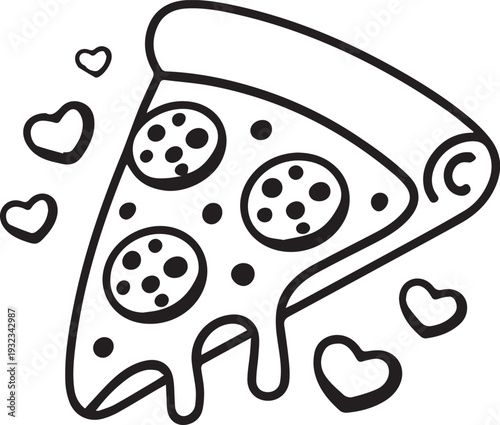 Delicious Slice of Pepperoni Pizza with Dripping Cheese and Heart Symbols, Cartoon Style