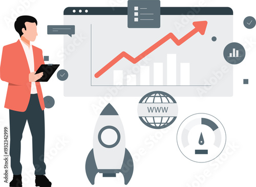 The boy is looking business startup rocket