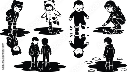 Flat vector children in raincoats jumping and splashing in puddles with reflections boots close up side view minimal monochrome playful scene with curious girl looking down