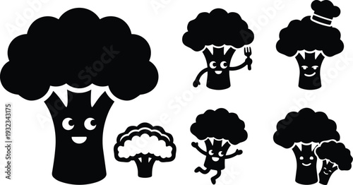 Flat design close up smiling broccoli character icons set with chef hat fork family poses playful cooking and jumping angles for healthy food branding color variations