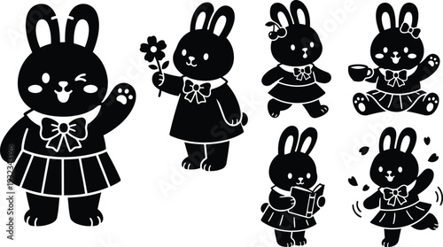 Cute silhouette bunny characters in school uniform set showing waving winking holding flower reading book and drinking tea in playful vector flat design smiling close up
