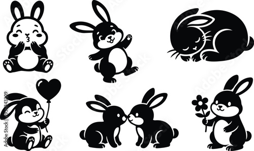 Cute black rabbit vector set showing multiple poses kissing sleeping holding balloon holding flower hopping sitting facing sideways playful silhouette icons for children decor flat monochrome