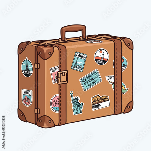 A cartoon-style brown suitcase covered with travel destination stickers