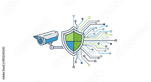 A security shield with a green and blue design, connected to a CCTV camera and circuit board lines on a white background with a technological theme.