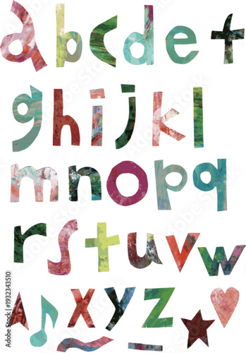 These characters are digitalized by scanning characters drawn with acrylic paints or real stamps, or cut out. These illustrations have a warm, handmade feel.