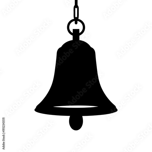 Black silhouette of a hanging bell with chain and striker on white