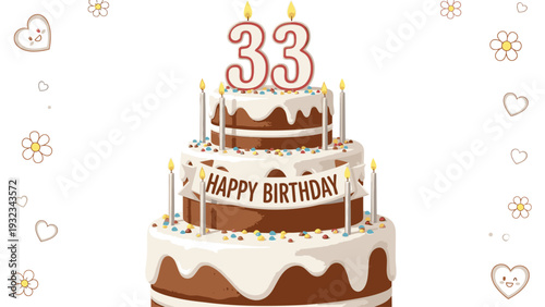 Digital illustration of a three-tiered chocolate birthday cake with white frosting and colorful sprinkles on a white background with festive icons.