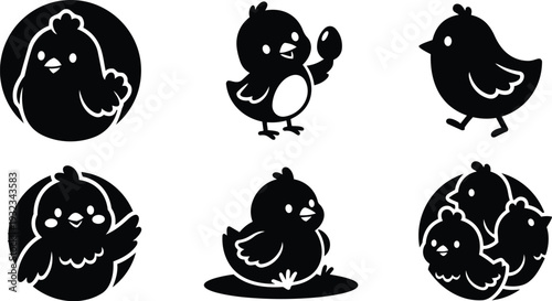 Cute vector chick icons in circle badges and playful poses including chick holding egg walking sitting and three chicks group in flat black silhouette style minimal
