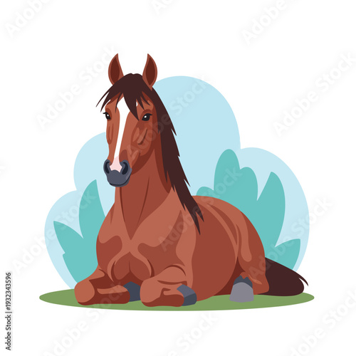A cartoon-style illustration of a resting brown horse